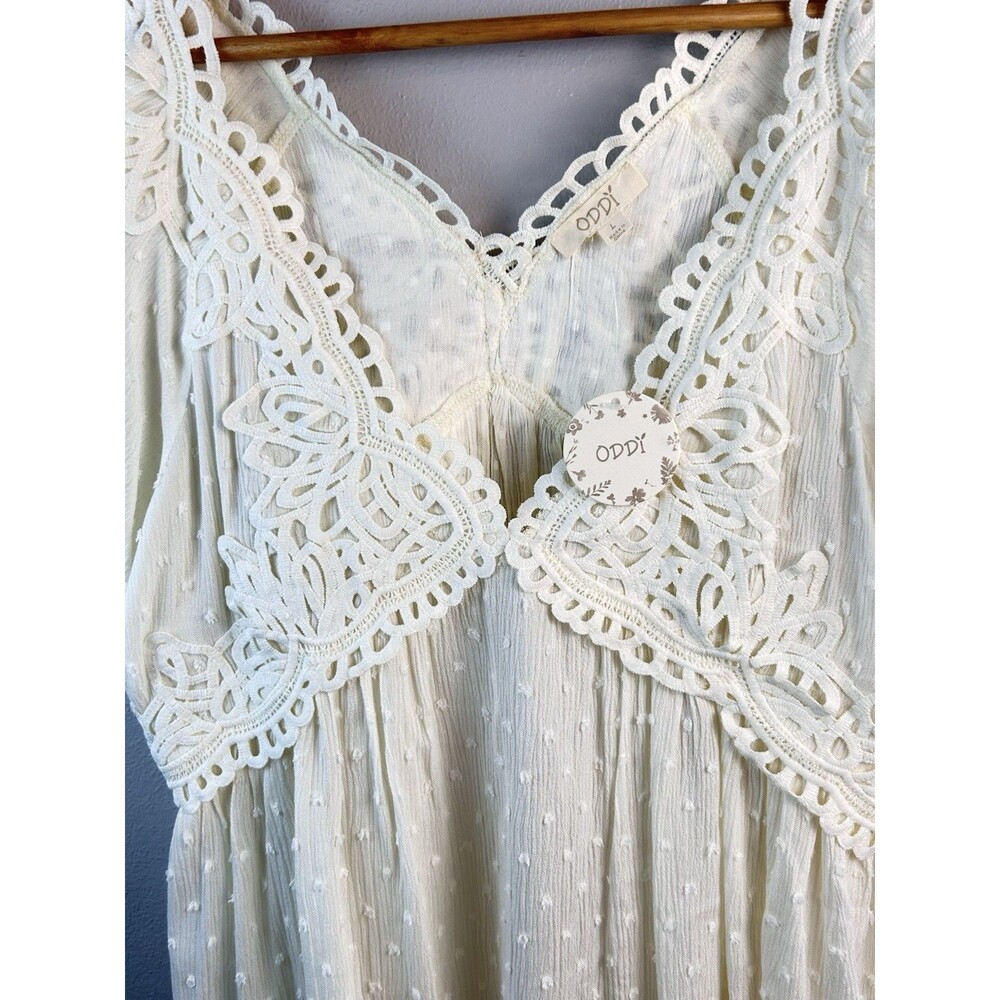 oddi Boho Babydoll Cream Crochet Lace V Neck Flowy Top SIze L NWT - Picture 3 of 8
